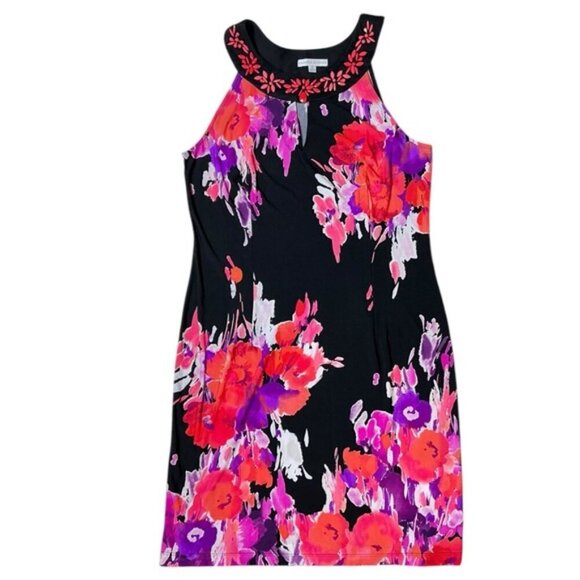 Sandra Darren Dress Beaded Keyhole Watercolor Floral Slip On Black Pink Size 12 - Picture 7 of 16